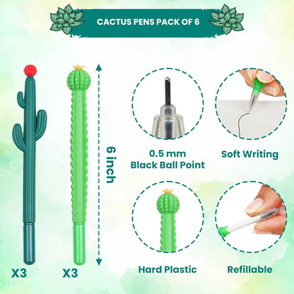 KatchOn Cactus Shaped Ballpoint Pens, Pack of 6 | Cactus Black Ball Point Pens for Cactus Mexican Fiesta Party Favors Stationery Cute Pens for Birthday Gifts, Classroom Prizes