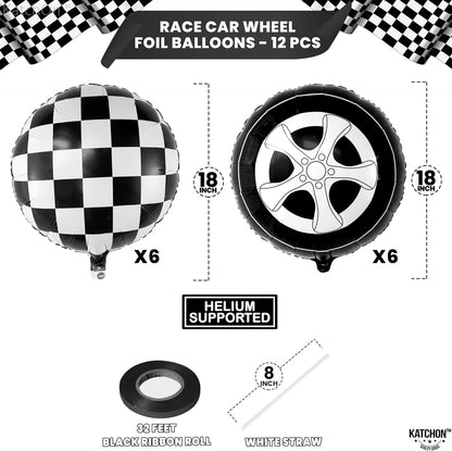 KatchOn, Tire Balloons and Checkered Balloon Set - 18 Inch, Pack of 12 | Tire Balloon for Two Fast Two Curious Birthday Decorations | Two Fast Birthday Decorations Boy | Cars Birthday Party Supplies