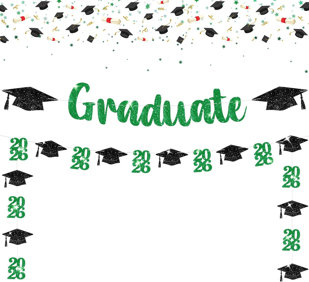 KatchOn, Glitter, Green and Black Graduation Banner - 10 Feet | Congrats Grad Banner for Grad Cap Decorations | Green Graduation Decorations 2026 | Class of 2026 Decorations