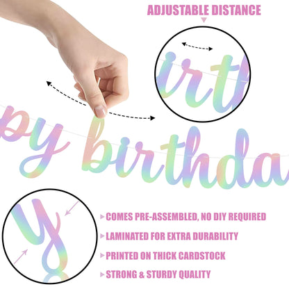KatchOn, Pre-Strung Iridescent Happy Birthday Banner - 10 Feet | Iridescent happy Birthday Sign for Holographic Happy Birthday Decorations | Mermaid Birthday Decorations | Iridescent Party Decorations