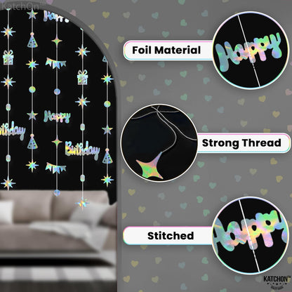 KatchOn, Iridescent Happy Birthday Garland Banner - 6.5 Feet, Pack of 8 | Silver Hanging Garland For Happy Birthday Decorations | Disco Theme Party Decorations | No DIY