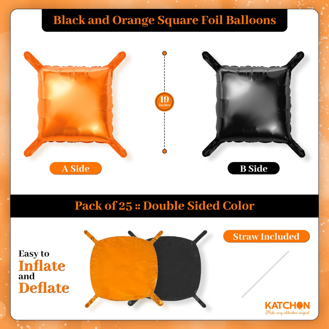 KatchOn, Black and Orange Square Foil Balloons- 19 inch, Pack of 25 | Black and Orange Foil Square Balloon Wall Backdrop | Halloween Backdrop For Wall | Halloween Birthday Party Decorations
