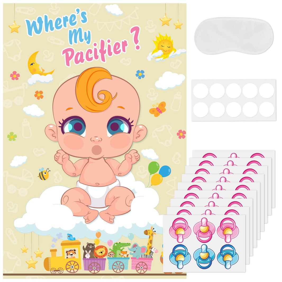 KatchOn, Pin the Pacifier Baby Shower Game Poster - 32x21 Inch, Pack of 54 | Where is My Pacifier Poster, Baby Shower Decorations | Pacifier Stickers for Gender Reveal | Gender Reveal Games for Guests