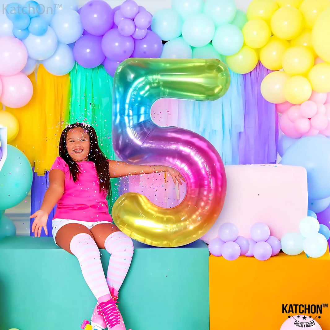 KatchOn, Giant Rainbow 5 Balloon Number - 40 Inch | Colorful Gradient Rainbow Five Balloon Number for 5th Birthday Decorations Girl | Jelly 5 Birthday Balloon, Five Balloon for Rainbow Party Supplies