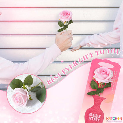 KatchOn Rose Flower Gifts – 13 Inches Artificial Pink Rose With Greeting Card |Birthday Gifts for Women |Unique gifts for Women,Girlfriend | Graduation Gifts For Her | Cute Anniversary Cards For Wife