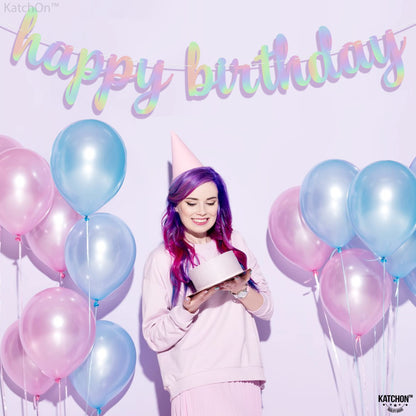 KatchOn, Pre-Strung Iridescent Happy Birthday Banner - 10 Feet | Iridescent happy Birthday Sign for Holographic Happy Birthday Decorations | Mermaid Birthday Decorations | Iridescent Party Decorations