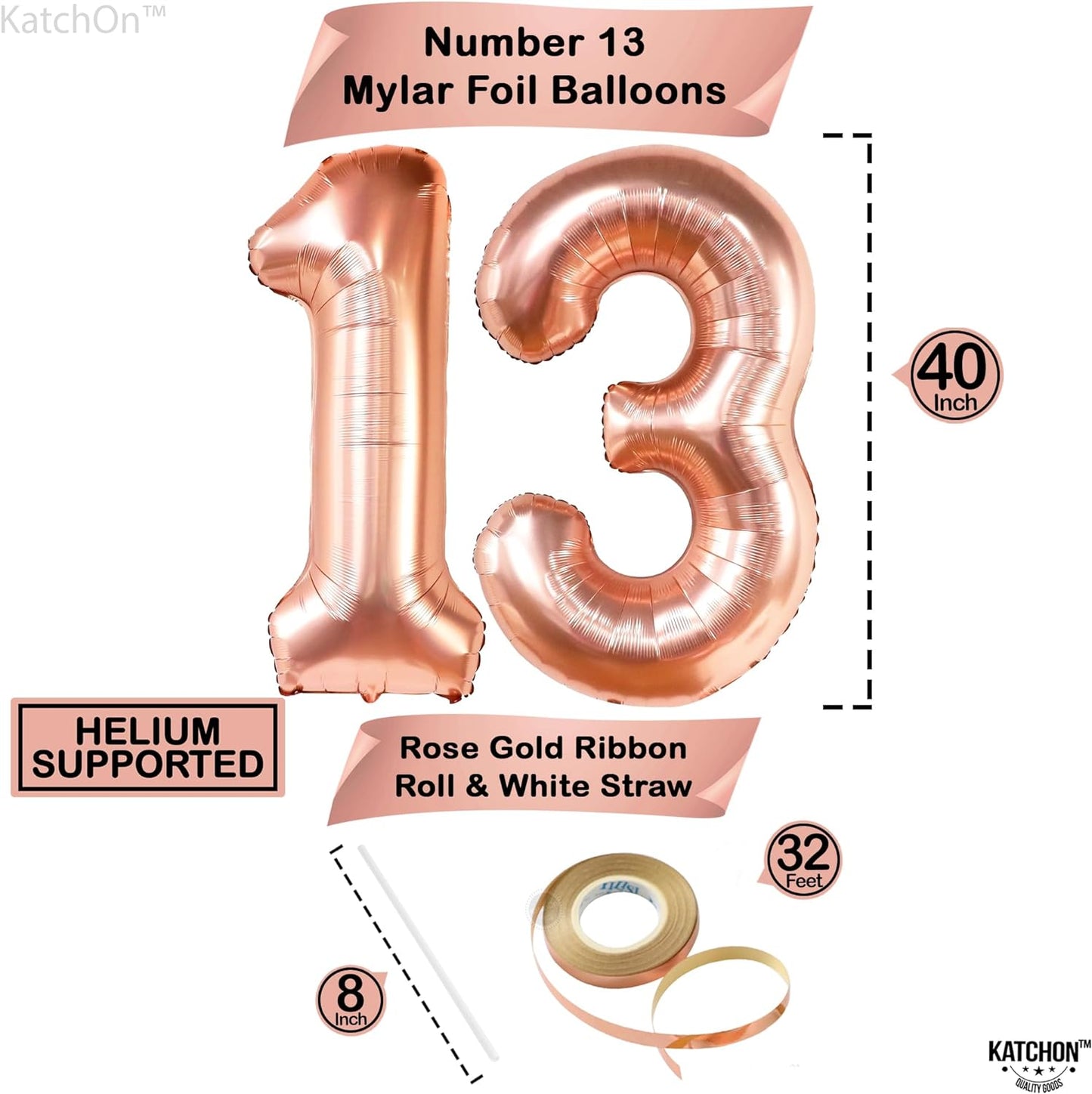 KatchOn, Rose Gold 13 Balloon Numbers - Giant, 40 Inch | 13th Birthday Decorations for Girls | 13 Rose Gold Balloons for 13 Birthday Decorations for Girls | Rose Gold Number 13 Balloons for Birthdays