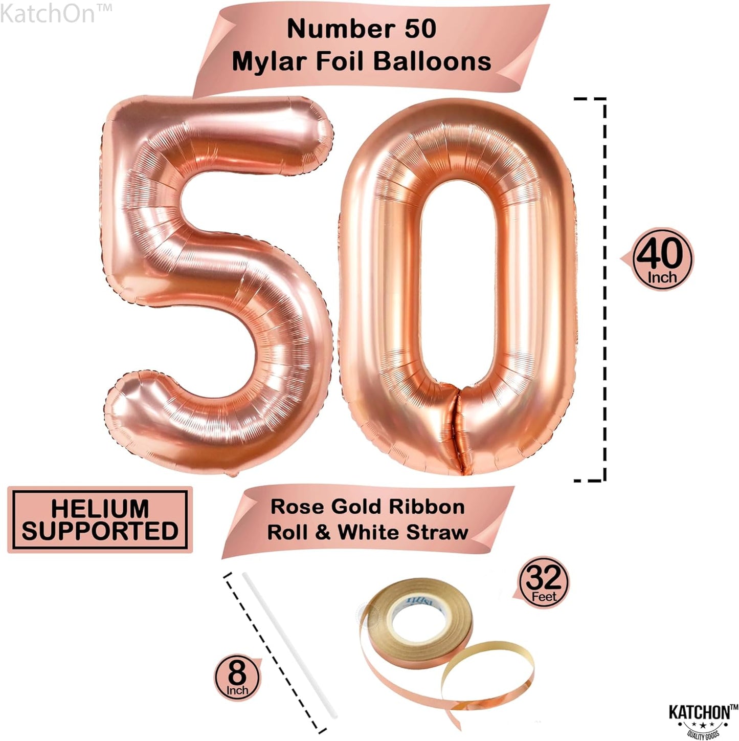 KatchOn, Giant Rose Gold 50th Birthday Balloons - 40 Inch | 50 Balloon Number, Confetti Balloons | 50 Birthday Balloons for 50 and Fabulous Birthday Decorations | 50th Birthday Decorations for Women