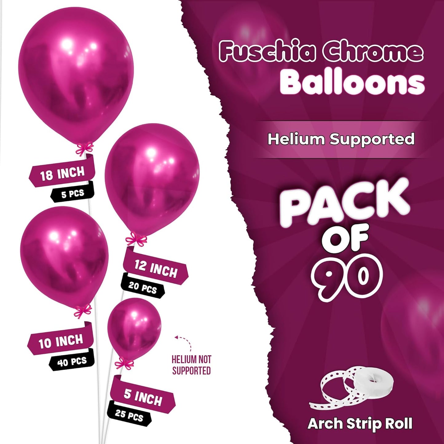 KatchOn, Fuchsia Chrome Pink Balloons Set - 18 Inch, Pack of 90 | Fuschia Latex Balloons for Fuschia Party Decorations | Chrome Hot Pink Balloons for Anniversary, Wedding, Birthday Party Decorations