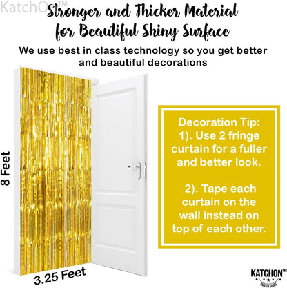 KatchOn, XtraLarge Gold Fringe Curtain Backdrop - 8x3.2 Feet, Pack of 2 Gold Streamers Party Decorations | Gold Foil Curtain for Gold Party Decorations | Gold Streamer Backdrop, Graduation Decorations