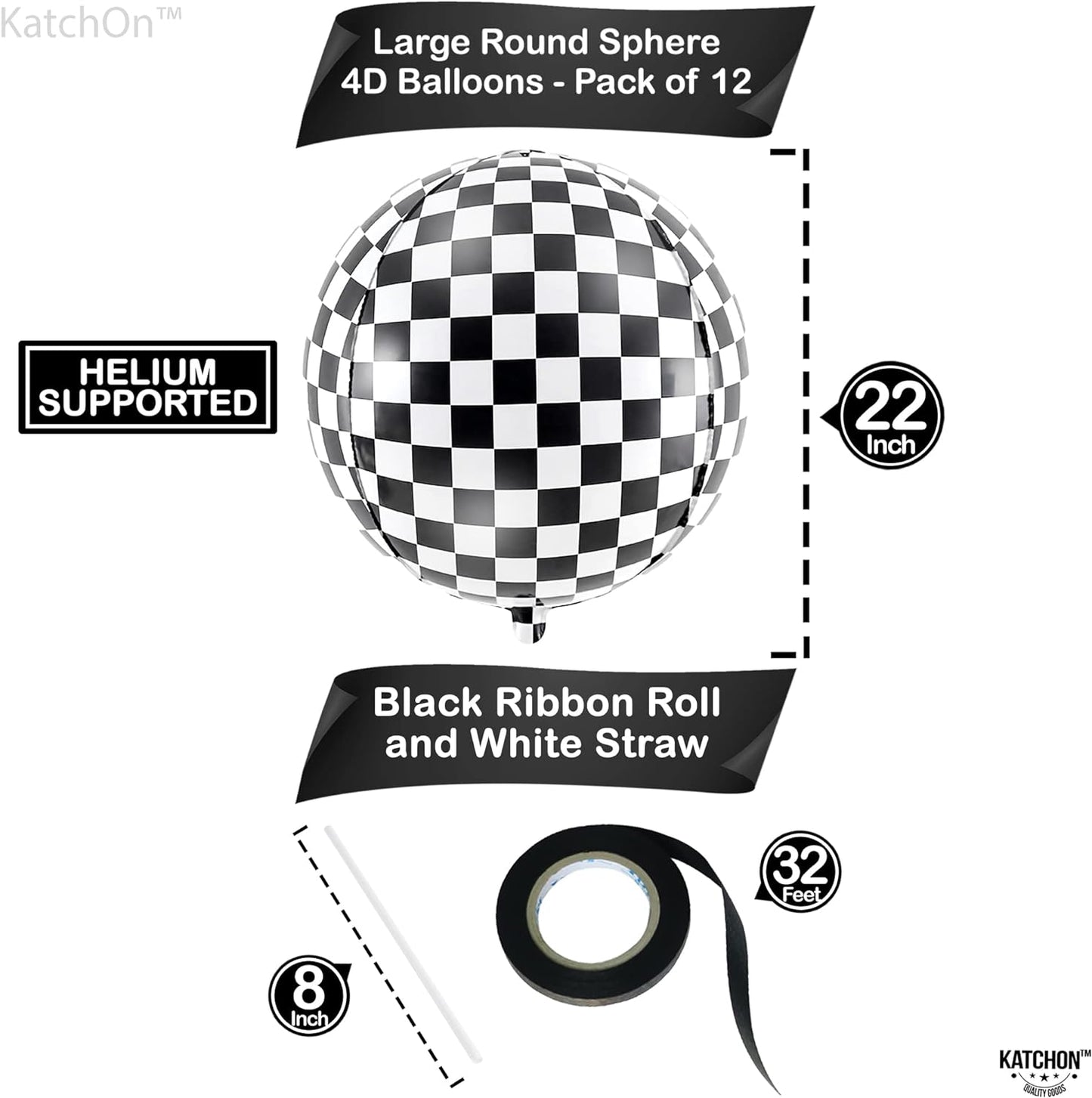 KatchOn, Black and White Checkered Balloons - 22 Inch, Pack of 12 | 4D Sphere Race Car Balloons | One Happy Dude Birthday Decorations | Checkered Flag Balloons for Race Car Birthday Party Supplies