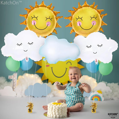 KatchOn, Big Sun and Cloud Balloons Set - 29 Inch, Pack of 5 | Foil Sun Balloon, Sunshine Party Decorations | Sunshine Baby Shower Decorations | Boho Sunshine Balloons for Sun Baby Shower Decorations