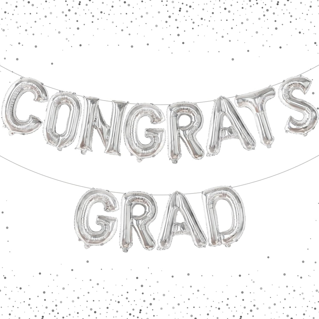 Graduation Decorations 2026 | Congrats Grad Balloons - 16 Inch | Silver Congrats Grad Banner | Congratulations Banner For 2026 Graduation Decorations | Silver Graduation Balloons, KatchOn