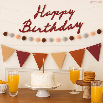 KatchOn, Burgundy Felt Happy Birthday Banner Set  Pre Strung, 10 Feet, No DIY | Reusable, Triangle Flag Banner & Pom Pom Garland | Burgundy Birthday Decorations for Women Men | Boho Party Decorations