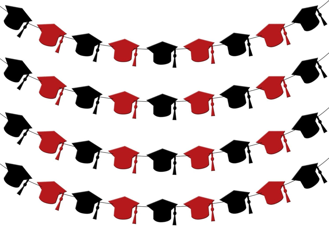 KatchOn, Red and Black Graduation Cap Garland, 8 Feet - 4 Strings | Red and Black Grad Decoration Class of 2026 | Graduation Decorations 2026 | Graduation Cap Decorations