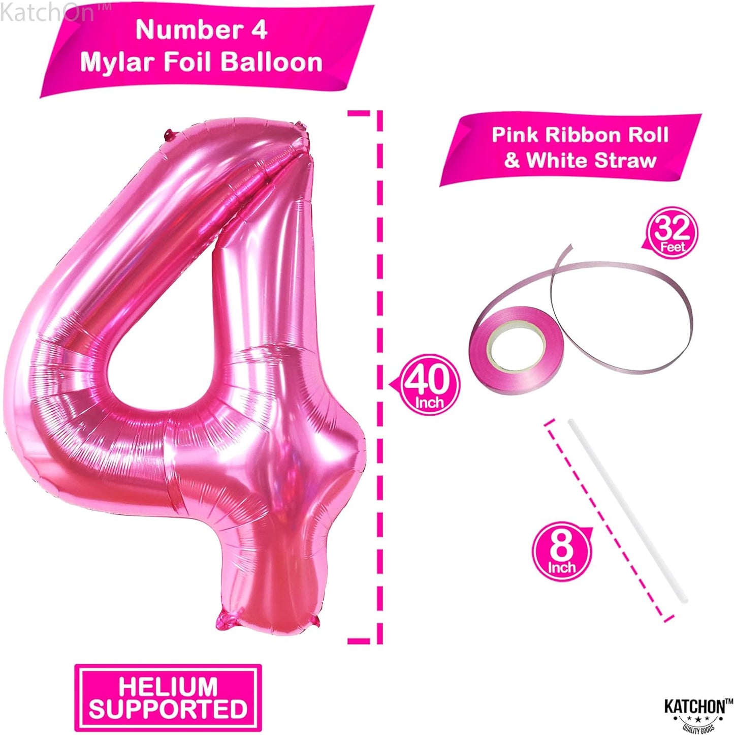 KatchOn, Hot Pink Number 4 Balloon - 40 Inch | Hot Pink 4 Birthday Balloon, 4 Year Old Birthday Decorations | 4 Balloon Number for Birthday | Four Balloon for 4th Birthday Party Decorations for Girls