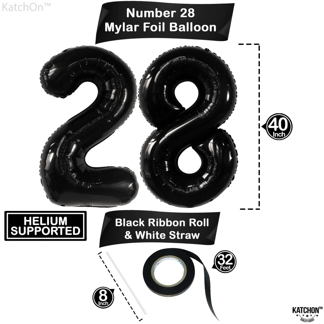 Katchon, Black 28 Balloon Numbers - 40 Inch | Mylar Foil Black 28 Birthday Balloon 28th Happy Birthday Decorations | 28 Number Balloons For Anniversary Decorations | Birthday Party Decoration