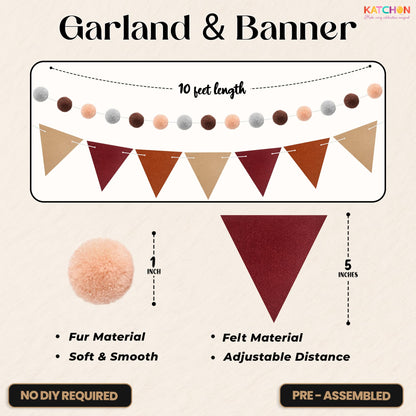 KatchOn, Burgundy Felt Happy Birthday Banner Set  Pre Strung, 10 Feet, No DIY | Reusable, Triangle Flag Banner & Pom Pom Garland | Burgundy Birthday Decorations for Women Men | Boho Party Decorations
