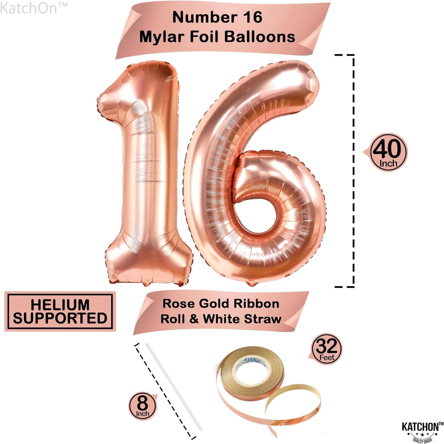 KatchOn, Rose Gold Sweet 16 Birthday Decorations - 40 Inch | Sweet 16 Balloons Rose Gold | Rose Gold 16 Balloon Numbers and Confetti Ballons | Sweet Sixteen Balloons | 16th Birthday Balloons for Girls