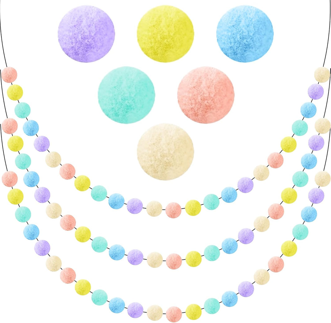 KatchOn, Pom Pom Garland - Pack of 3 | Easter Decorations for Home, Living Room, Wall, Classroom, Cute Hanging Rainbow Colorful Felt Ball Garland Baby Shower Wedding Birthday Party Supplies