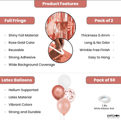 KatchOn, Rose Gold Party Decorations Set – Big, Pack of 52 | Rose Gold Fringe Backdrop with Latex & Confetti Balloons for Birthday, Wedding, Anniversary, Bridal Shower, Bachelorette Party Decorations