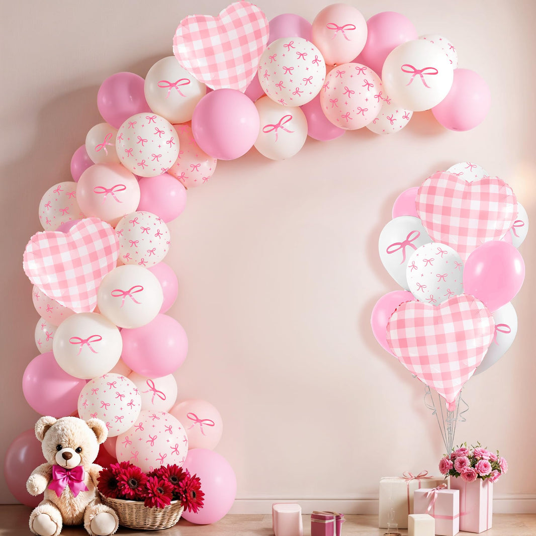 KatchOn, Pink Bow Birthday Party Decorations - Pack of 64 | Bow Themed Baby Shower Decorations | Pink Checkered Balloons for pink Bride Balloons | White Balloon
