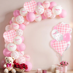 KatchOn, Pink Bow Birthday Party Decorations - Pack of 64 | Bow Themed Baby Shower Decorations | Pink Checkered Balloons for pink Bride Balloons | White Balloon