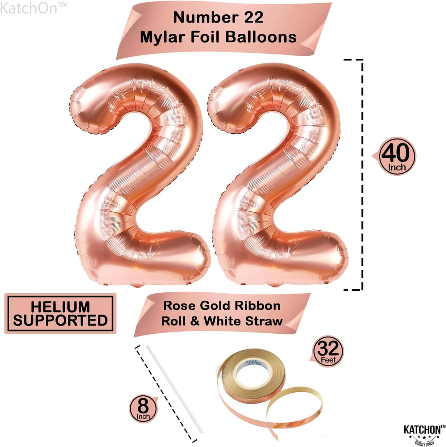 KatchOn, 22 Balloon Number Rose Gold - 40 Inch | 22 Birthday Balloons with Confetti Balloons | Feeling 22 Birthday Decorations for Women | 22nd Birthday Decorations For Women | 22 Rose Gold Balloons