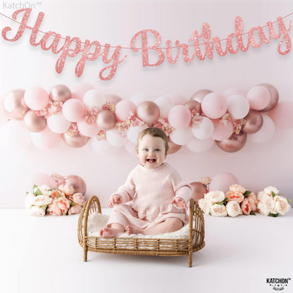 KatchOn, Glitter Rose Gold Happy Birthday Banner - Prestrung, 10 Feet | Rose Gold Birthday Banner for Rose Gold Birthday Decorations | Rose Gold Happy Birthday Sign for Rose Gold Party Decorations