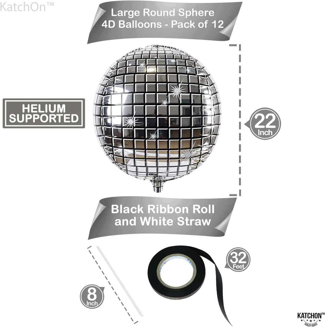 KatchOn, Silver Disco Ball Balloons - 22 Inch, Pack of 12 | Disco Bachelorette Party Decorations | 4D Sphere Disco Balloons for Disco Party Decorations | Disco Ball Decor, Silver Party Decorations