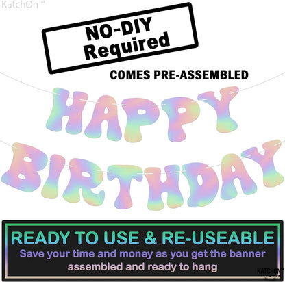 KatchOn Iridescent Happy Birthday Banner Prestrung - 10 Feet | Disco Happy Birthday Sign | Iridescent Party Decorations | Disco Birthday Banner for Women | Holographic Disco Birthday Party Decorations