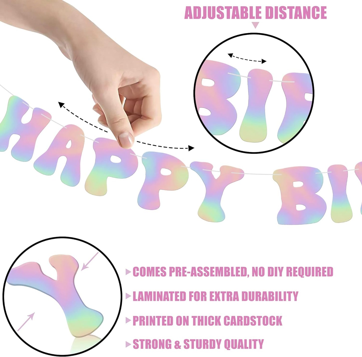 KatchOn Iridescent Happy Birthday Banner Prestrung - 10 Feet | Disco Happy Birthday Sign | Iridescent Party Decorations | Disco Birthday Banner for Women | Holographic Disco Birthday Party Decorations