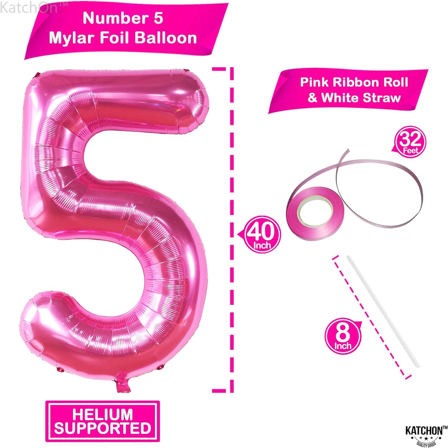 KatchOn, Hot Pink 5 Balloon Number - 40 Inch | Pink Number 5 Balloon for 5 Year Old Birthday Decorations | 5 Year Old Balloon, 5th Birthday Decorations Girl | Pink Balloon for 5th Birthday Decorations