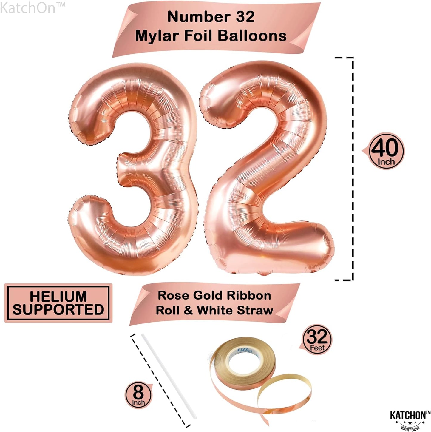 KatchOn, Giant Rose Gold 32 Balloon Numbers - 40 Inch, Pack of 12 | 32 Birthday Decorations for Women with Confetti | 32 Number Balloons, 32nd Birthday Decorations for Women | 32 Birthday Balloons