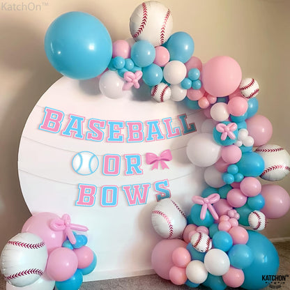 KatchOn, XtraLarge Baseball or Bows Gender Reveal Banner - 10 Feet | Blue Pink Baseball or Bows Banner, Baseball or Bows Gender Reveal Decorations | Baseball or Bows Backdrop, Baby Shower Decorations