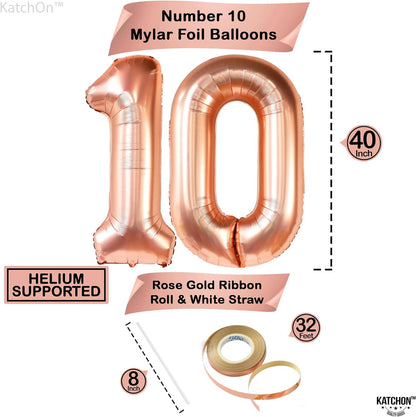 KatchOn, Giant Rose Gold 10 Balloon Number - 40 Inch, Pack of 12 | Rose Gold 10 Balloon with Confetti Balloons | Rose Gold 10th Birthday Decorations for Girls | Happy 10th Birthday Balloons for Girls