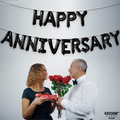 KatchOn, Happy Anniversary Balloons Black - 16 Inch | Black Happy Anniversary Banner Decorations | Backdrop | Balloon Banner