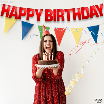 KatchOn, Shiny Red Happy Birthday Banner - Pre-Strung, 10 Feet | Red Happy Birthday Sign for Birthday Decorations | Bday Banner, Happy Bday Garland | Birthday Party Decor