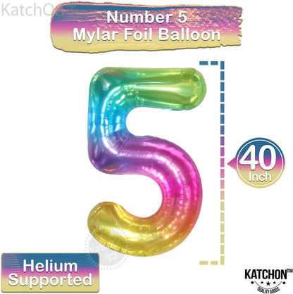 KatchOn, Giant Rainbow 5 Balloon Number - 40 Inch | Colorful Gradient Rainbow Five Balloon Number for 5th Birthday Decorations Girl | Jelly 5 Birthday Balloon, Five Balloon for Rainbow Party Supplies
