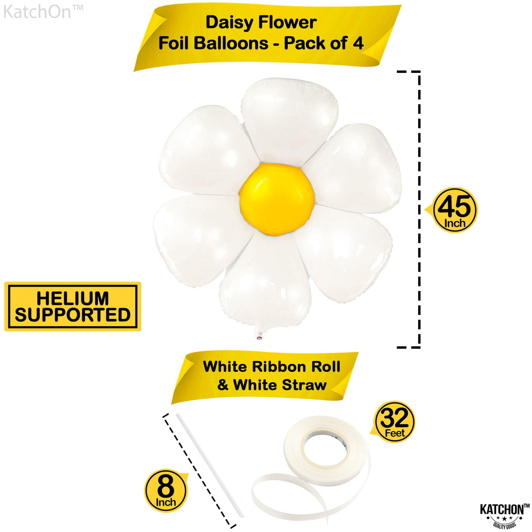 Katchon, Large White Daisy Balloons - 4pcs, 45 Inch | Pack of 4 | Groovy Party Decorations | Flower Balloon for Bachelorette Party Decorations | Groovy Mylar Balloons | Daisy Party Decorations
