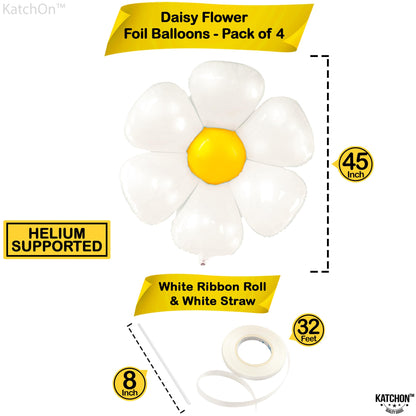 Katchon, Large White Daisy Balloons - 4pcs, 45 Inch | Pack of 4 | Groovy Party Decorations | Flower Balloon for Bachelorette Party Decorations | Groovy Mylar Balloons | Daisy Party Decorations