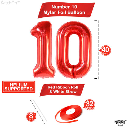 KatchOn, Giant Red 10 Balloon Number - 40 Inch | 10th Birthday Decorations | Balloons for 10 Birthday Decorations Red | Red Number 10 Balloons