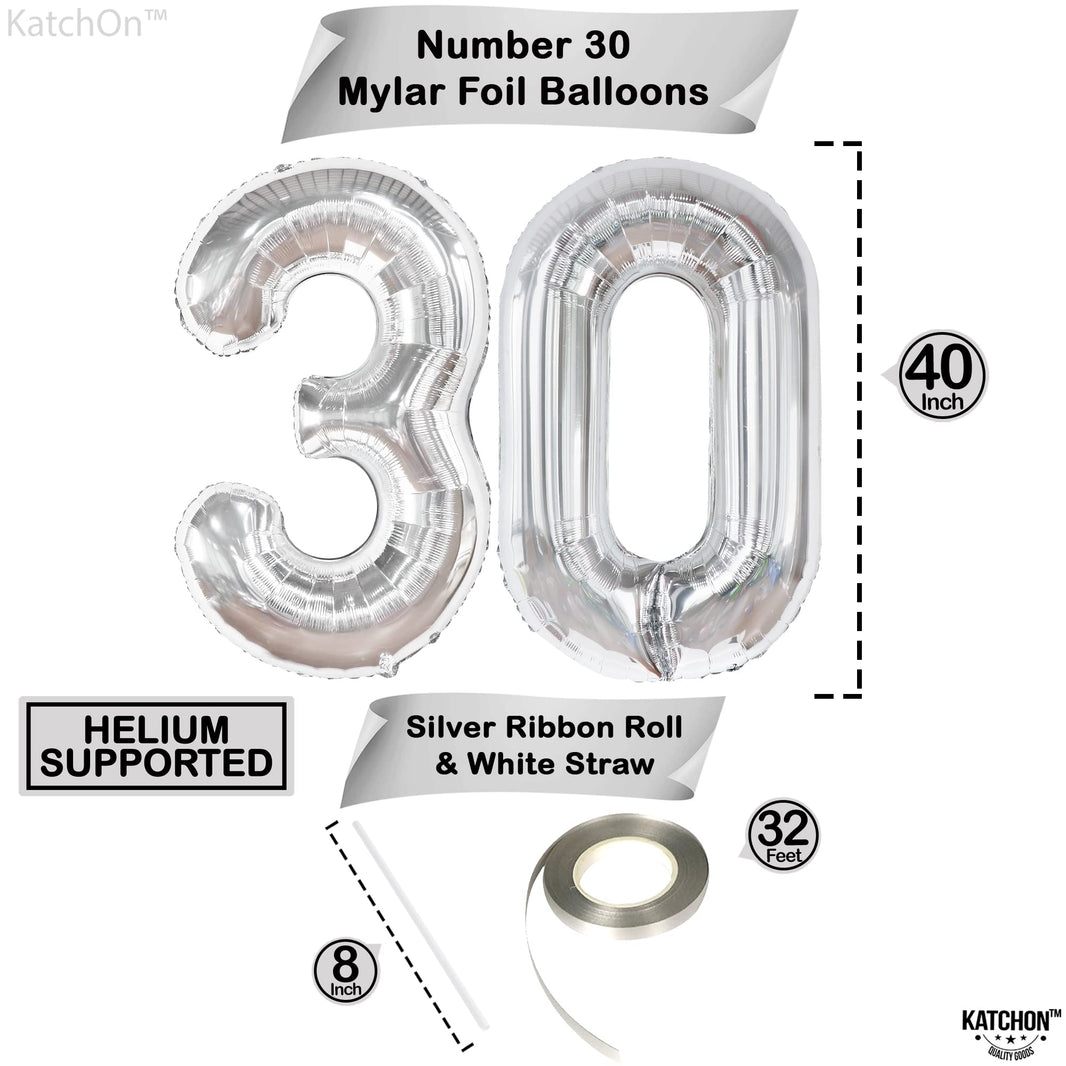 KatchOn, Silver 30 Balloon Numbers - 40 Inch | 30 Number Balloons | 30th Birthday Decorations for Her, Him | 30th Anniversary Decorations | Silver Birthday Decorations