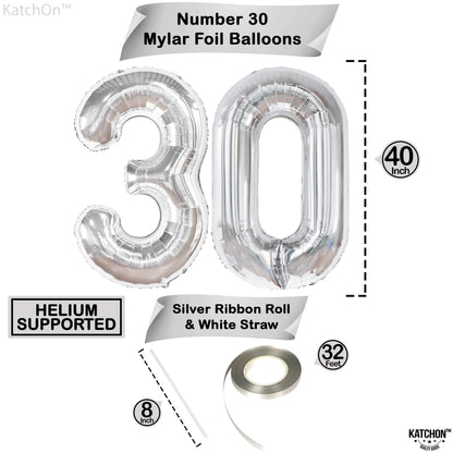 KatchOn, Silver 30 Balloon Numbers - 40 Inch | 30 Number Balloons | 30th Birthday Decorations for Her, Him | 30th Anniversary Decorations | Silver Birthday Decorations
