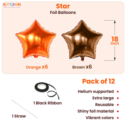 Katchon, Metallic Brown And Orange Star Foil Balloons 18 Inch - Pack of 12 | Brown and Orange Balloons for Friendsgiving Party Decorations, Thanksgiving Foil Balloons, Bachelorette Party, Baby Shower
