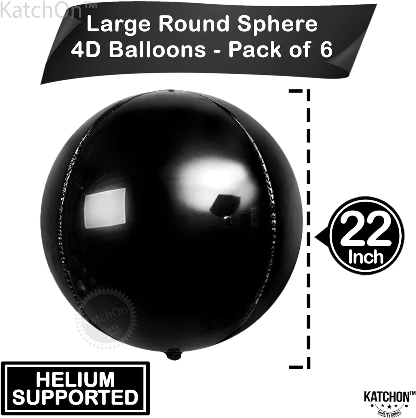 KatchOn, Giant Black Foil Balloons - 22 Inch, Pack of 6 | Round 4D Black Mylar Balloons for Black Birthday Decorations | Black Metallic Balloons | Black Round Balloons for Black Party Decorations