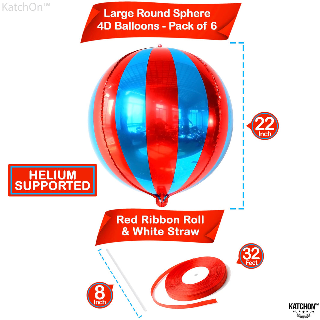 Big, Red and Blue Carnival Balloons - Pack of 6, Circus Decorations | 22 Inch 360 Degree 4D Red Blue Balloons | Carnival & Circus Theme Party Decorations