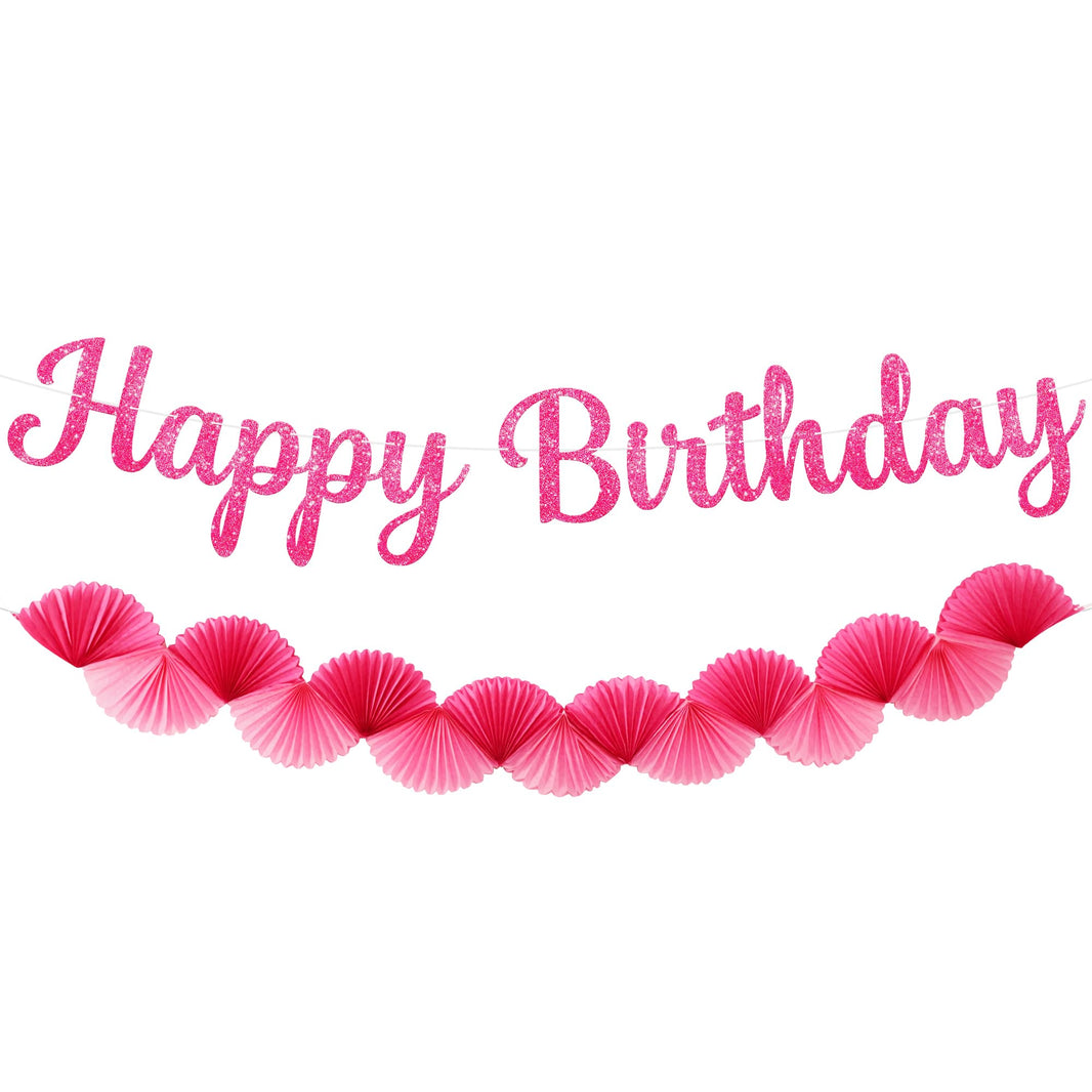 KatchOn, Pre Strung Pink Cursive Happy Birthday Banner with Paper Fan Garland Set | Happy Birthday Sign, Pink Paper Banner for Happy Birthday Decorations | Hot Pink Happy Birthday Party Decor for Girl