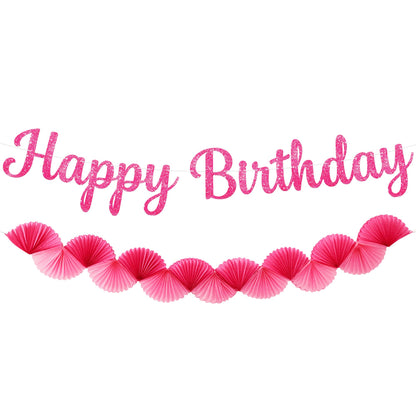 KatchOn, Pre Strung Pink Cursive Happy Birthday Banner with Paper Fan Garland Set | Happy Birthday Sign, Pink Paper Banner for Happy Birthday Decorations | Hot Pink Happy Birthday Party Decor for Girl