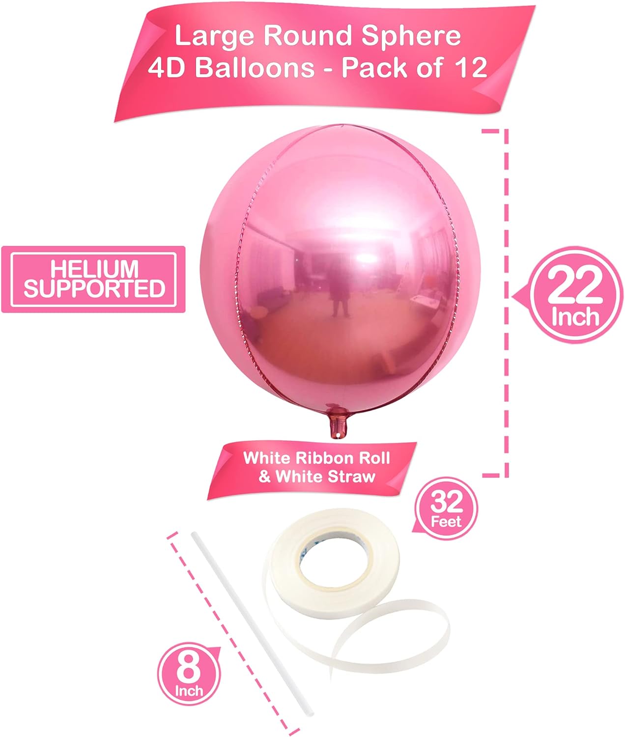 KatchOn, Light Pink Foil Balloons - 22 Inch, Pack of 12 | Pink Mylar Balloons for Pink Party Decorations | Pink Sphere Balloons, Pink Metallic Balloons for Pink Birthday Decorations | Pink Balloons